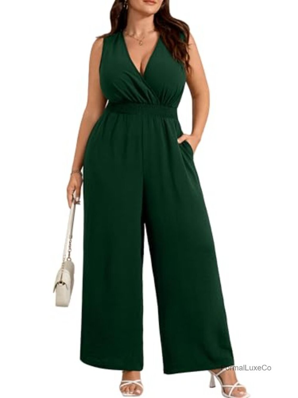 Womens Wide Leg Jumpsuit Sleeveless V-Neck Smocked Waist Pockets